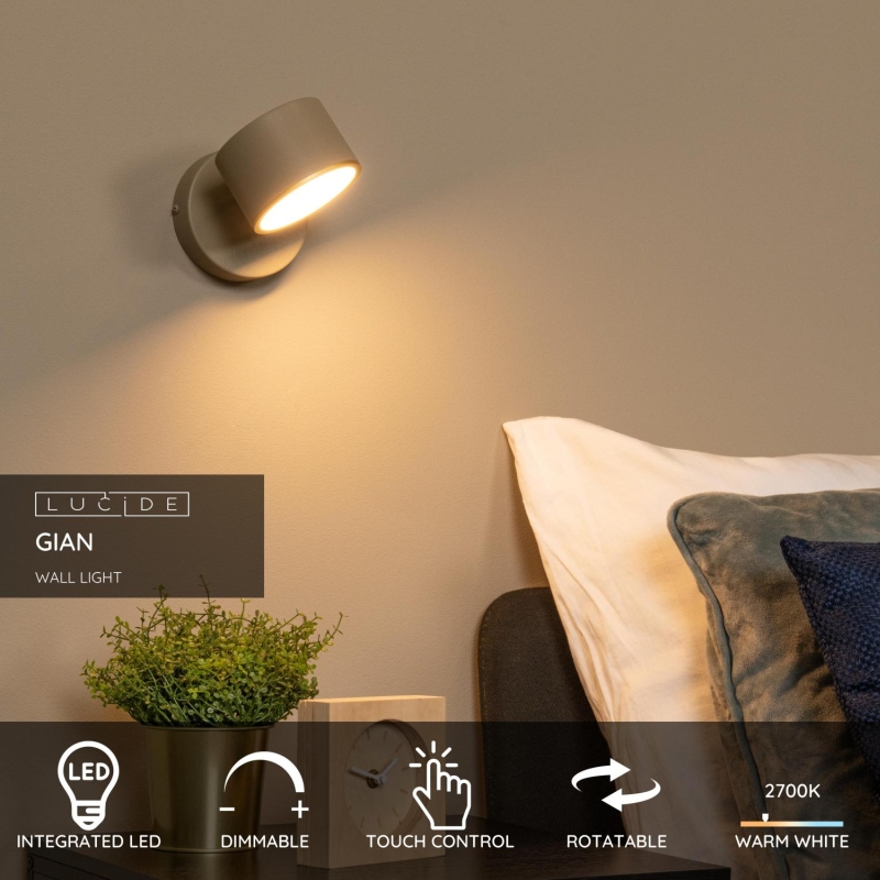 Lucide GIAN - Wall light - LED Dim. - 1x9W 2700K - Taupe